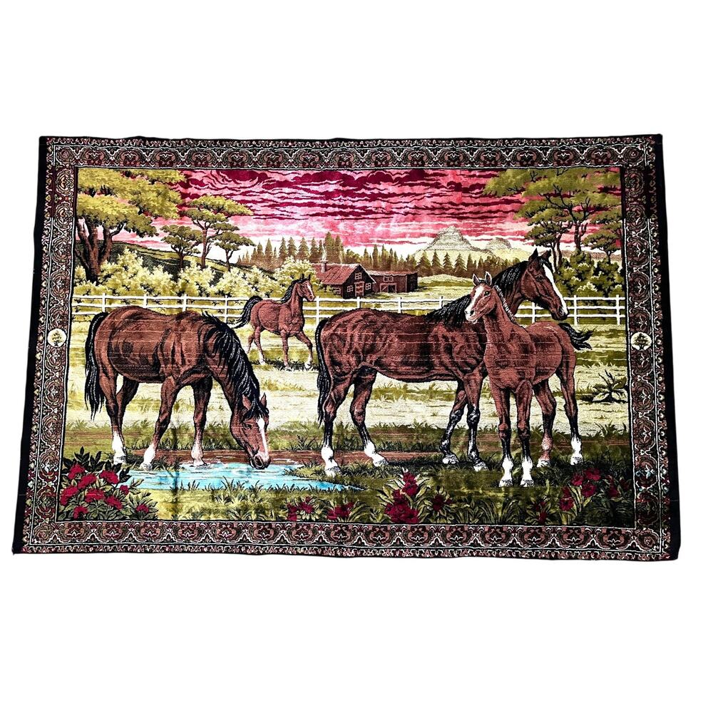 Large VTG 1970s Horse Tapestry Landscape Equestrian Farm Stable Made in Lebanon